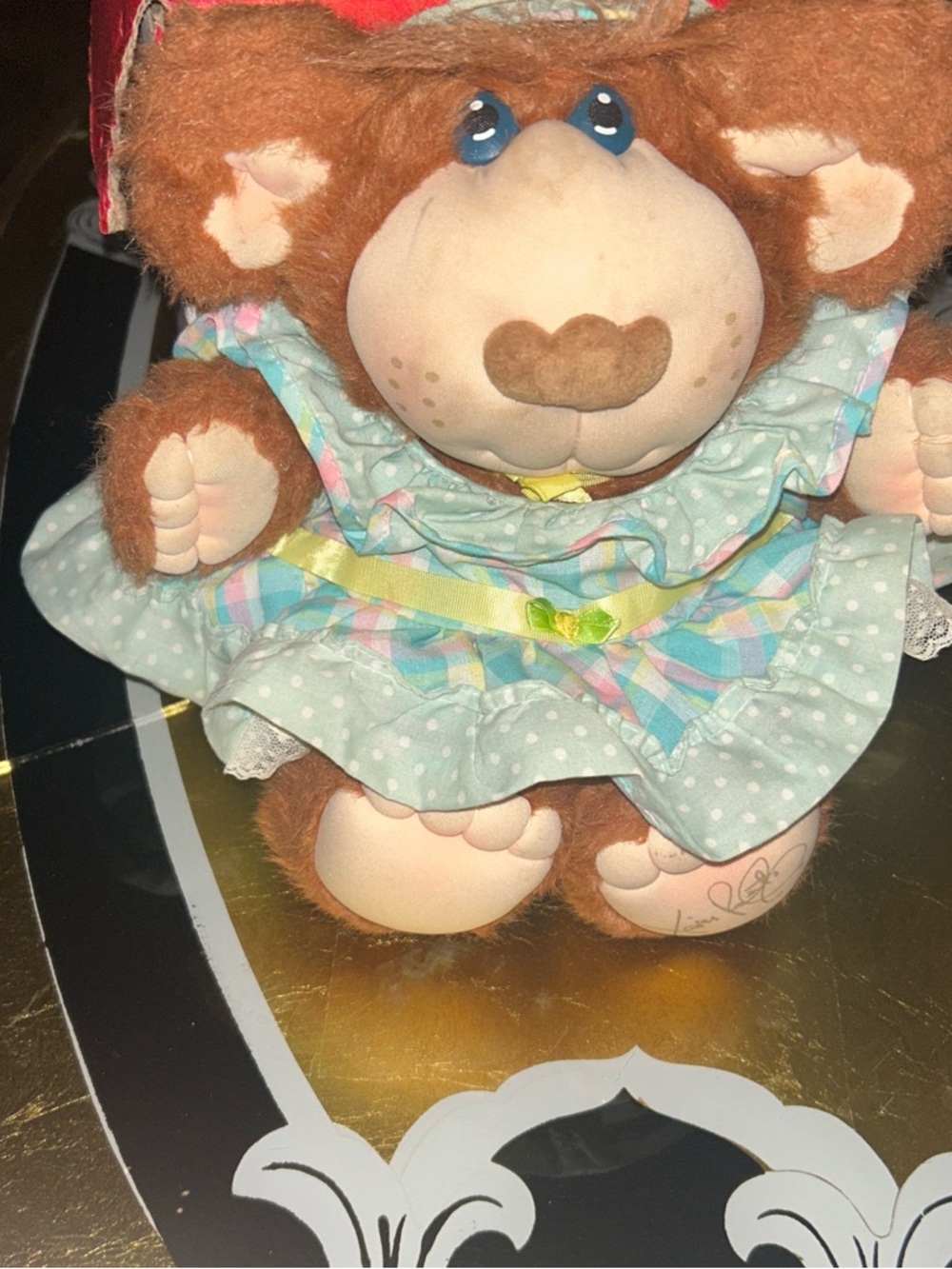 Plush Brown Bear in Mint Polka-Dot Dress - Soft Cuddly Toy